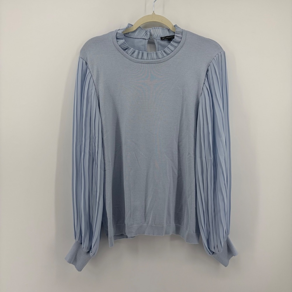 Adrianna Papell Womens XL Blue Pleated Chiffon Sleeve Knit Sweater Office Casual